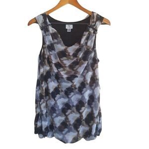 Worthington Blouse Sleeveless Cowl Scoop Neck Sheer Diamond Checkered‎ Gray PM